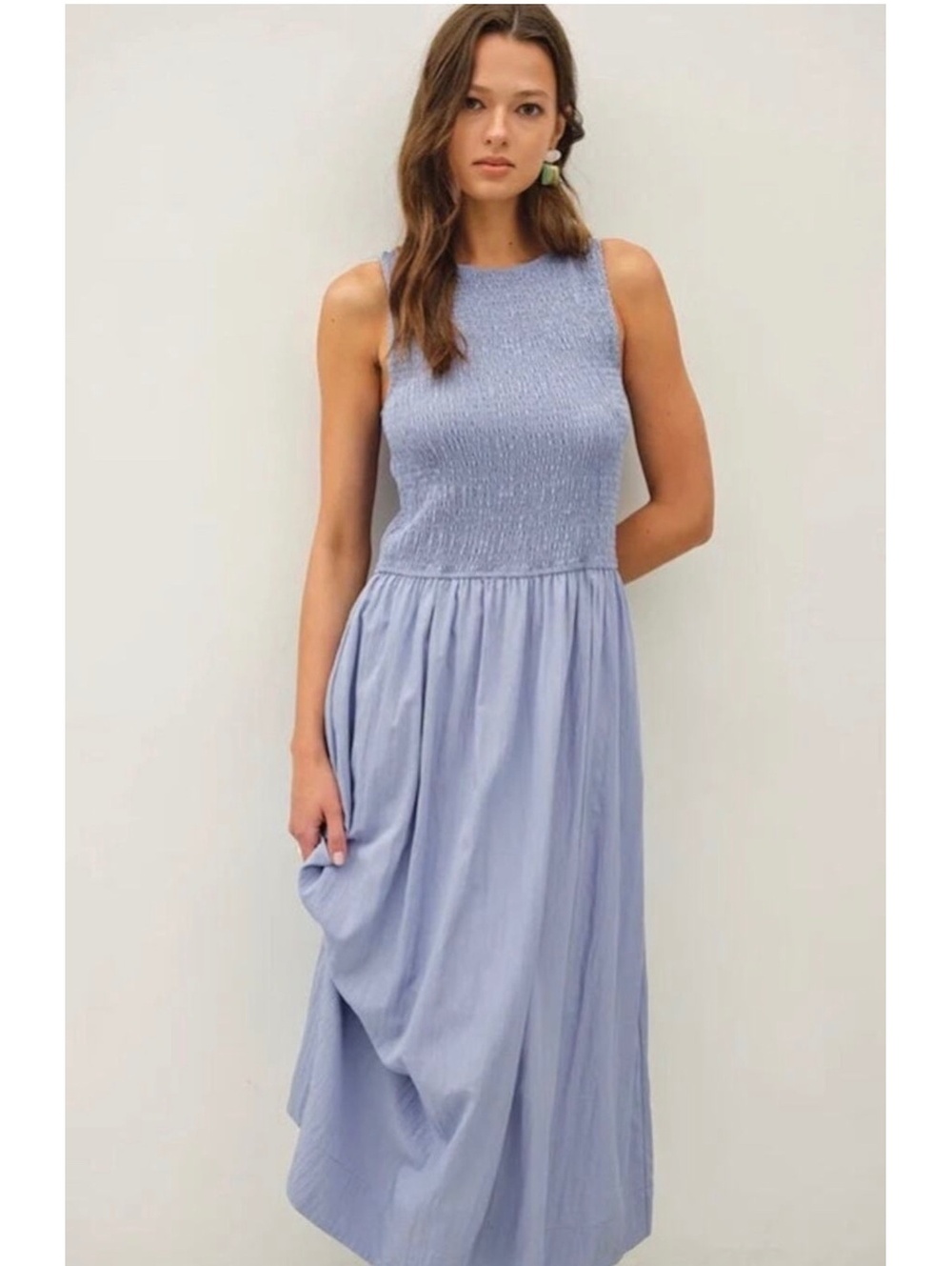 NWT o.p.t By Few Moda Smoked Cotton Midi Dress Size Large Blue